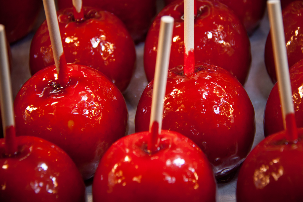 Close up picture of red candy apple